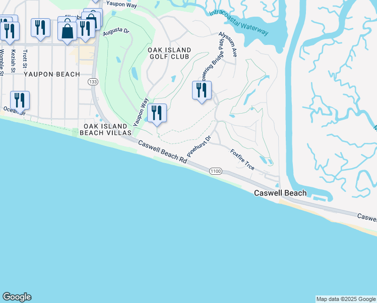 map of restaurants, bars, coffee shops, grocery stores, and more near 14 Pinehurst Drive in Caswell Beach