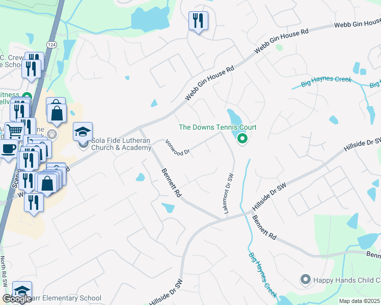 map of restaurants, bars, coffee shops, grocery stores, and more near 1450 Tudor Place Southwest in Grayson