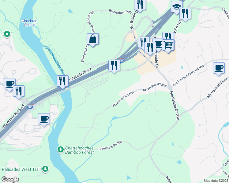 map of restaurants, bars, coffee shops, grocery stores, and more near 5140 Riverview Road Northwest in Atlanta