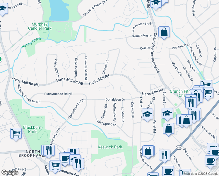 map of restaurants, bars, coffee shops, grocery stores, and more near 3736 Harts Place in Atlanta