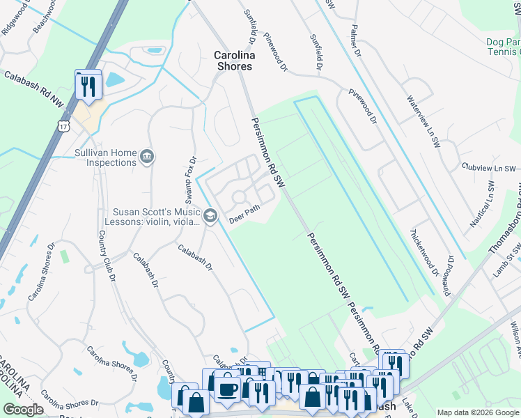 map of restaurants, bars, coffee shops, grocery stores, and more near 495 Planters Place Southwest in Calabash