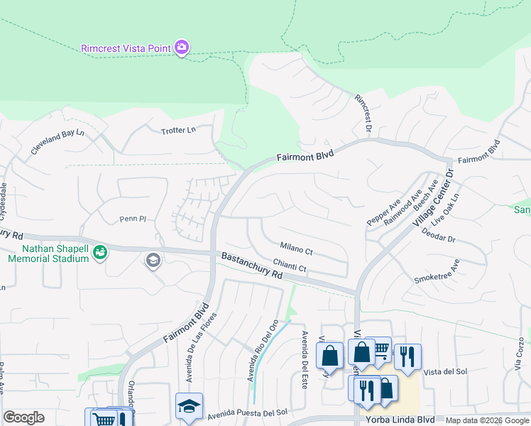 map of restaurants, bars, coffee shops, grocery stores, and more near 20159 Trentino Lane in Yorba Linda