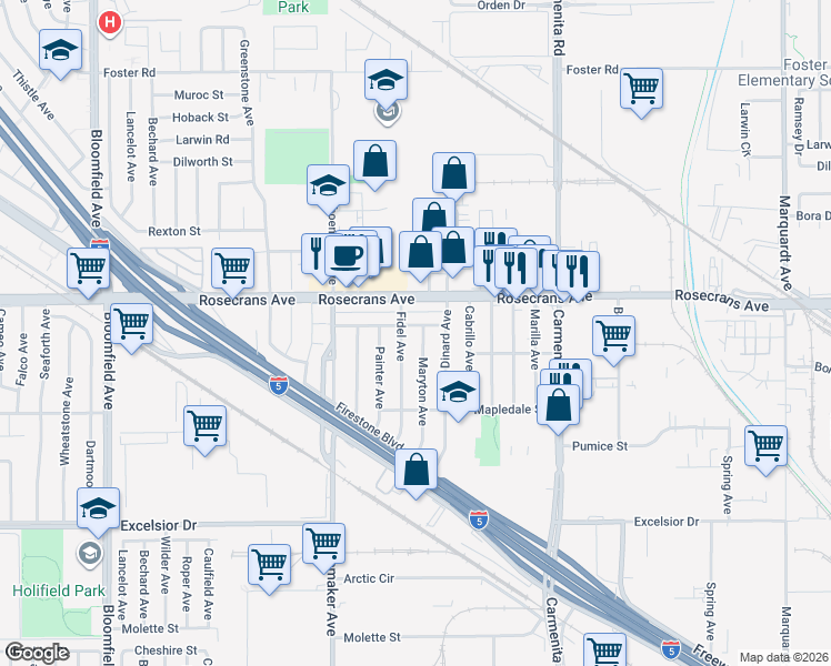map of restaurants, bars, coffee shops, grocery stores, and more near 13114 Liggett Street in Norwalk
