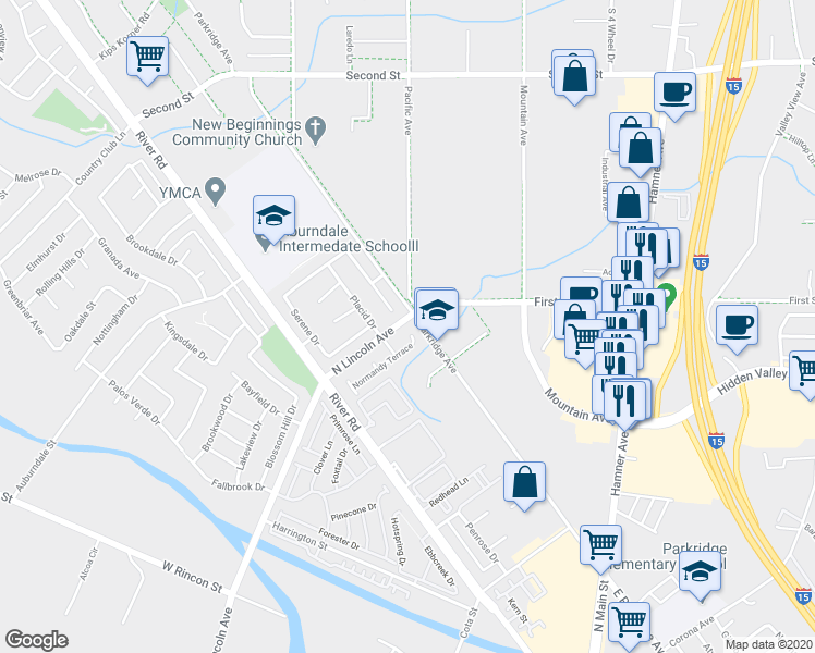 map of restaurants, bars, coffee shops, grocery stores, and more near 1033 Gentle Circle in Corona
