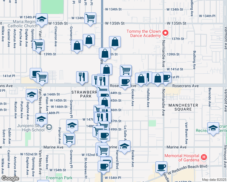 map of restaurants, bars, coffee shops, grocery stores, and more near 1732 Rosecrans Avenue in Gardena
