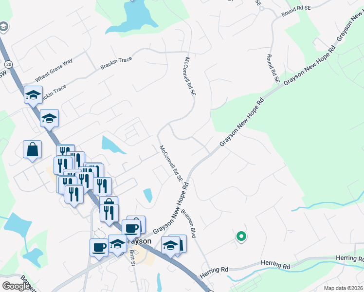map of restaurants, bars, coffee shops, grocery stores, and more near 180 Leighs Grove Way in Grayson