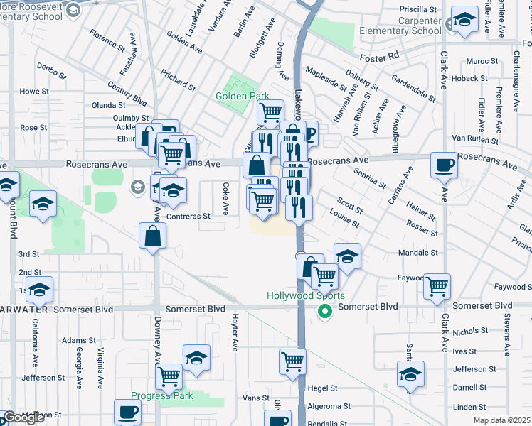 map of restaurants, bars, coffee shops, grocery stores, and more near 14525 Lakewood Boulevard in Paramount