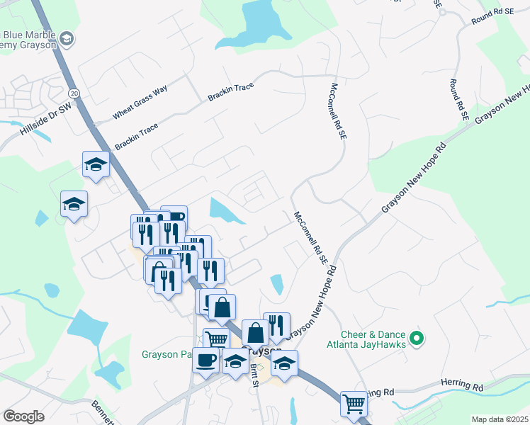 map of restaurants, bars, coffee shops, grocery stores, and more near 1850 Larkton Court in Grayson