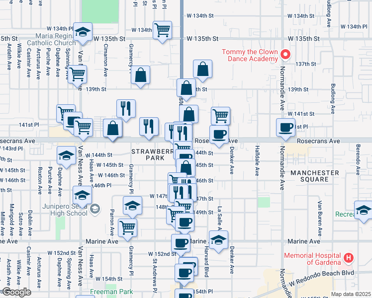 map of restaurants, bars, coffee shops, grocery stores, and more near 14301 South Western Avenue in Gardena