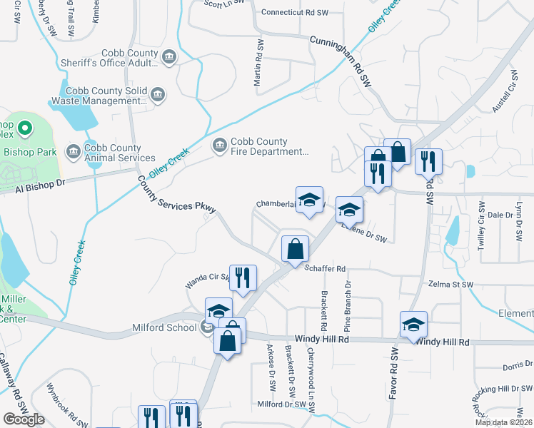 map of restaurants, bars, coffee shops, grocery stores, and more near 722 North Fork Drive Southwest in Marietta