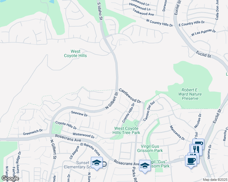 map of restaurants, bars, coffee shops, grocery stores, and more near 1700 Chantilly Lane in Fullerton