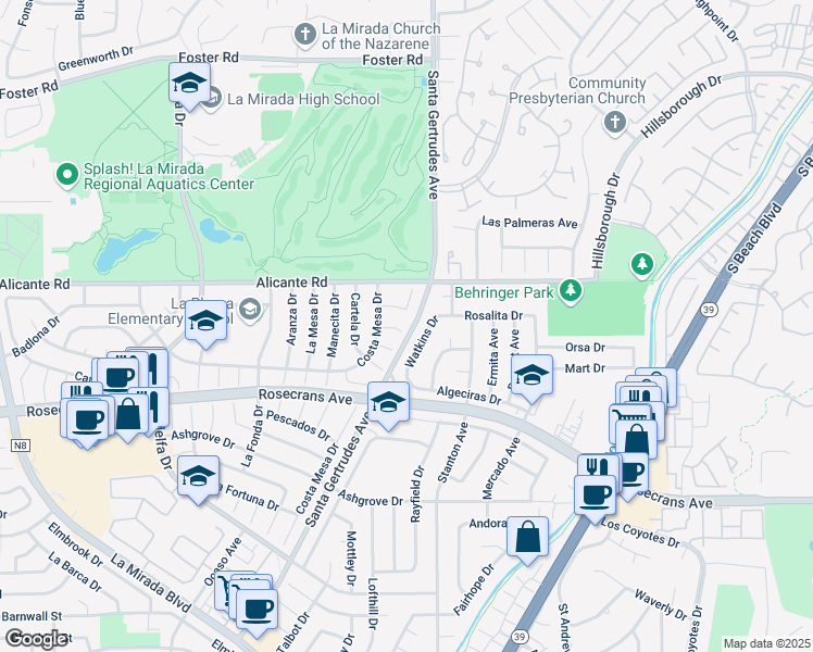 map of restaurants, bars, coffee shops, grocery stores, and more near 15729 Orsa Drive in La Mirada