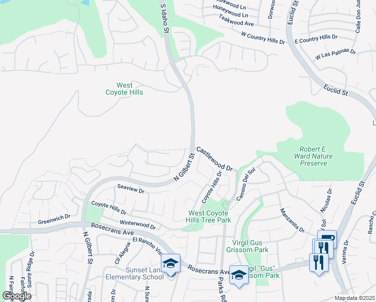 map of restaurants, bars, coffee shops, grocery stores, and more near 1700 Chantilly Lane in Fullerton