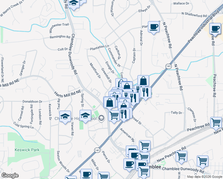 map of restaurants, bars, coffee shops, grocery stores, and more near 3729 Greenhill Drive in Chamblee