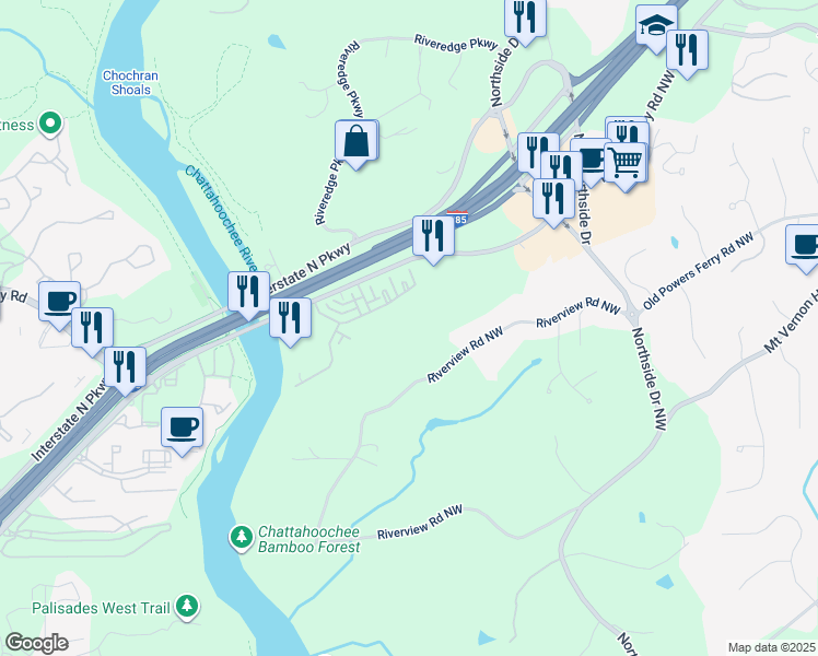 map of restaurants, bars, coffee shops, grocery stores, and more near 6550 Powers Ferry Road Northwest in Atlanta
