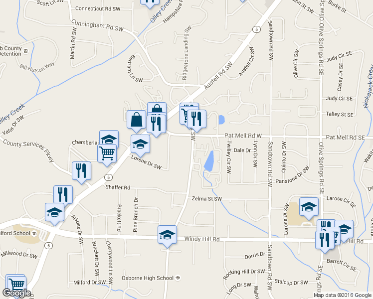 map of restaurants, bars, coffee shops, grocery stores, and more near 2140 Favor Road Southwest in Marietta