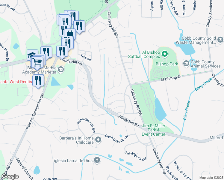map of restaurants, bars, coffee shops, grocery stores, and more near 1483 Chamirey Drive Southwest in Marietta