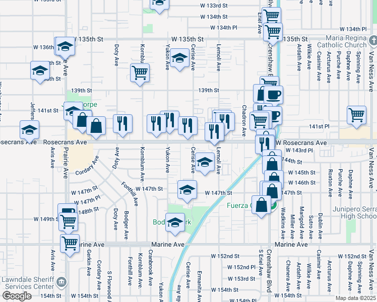 map of restaurants, bars, coffee shops, grocery stores, and more near 3506 Rosecrans Avenue in Hawthorne