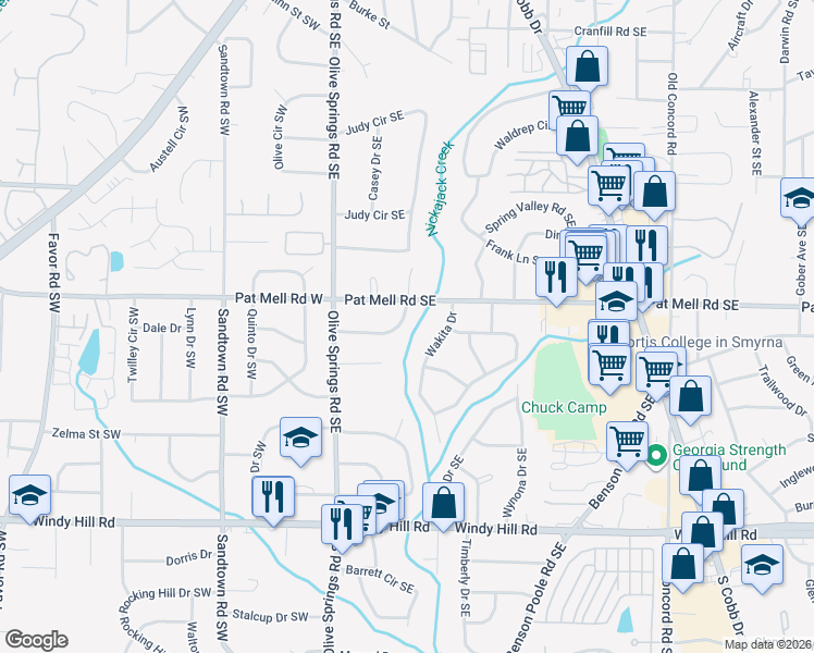 map of restaurants, bars, coffee shops, grocery stores, and more near 98 Peachtree Circle Southeast in Marietta