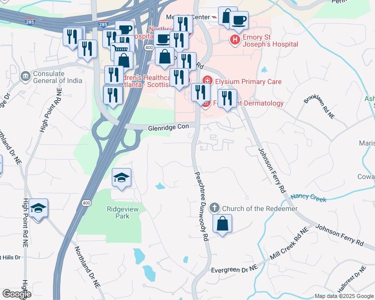 map of restaurants, bars, coffee shops, grocery stores, and more near 5360 Peachtree Dunwoody Road in Atlanta