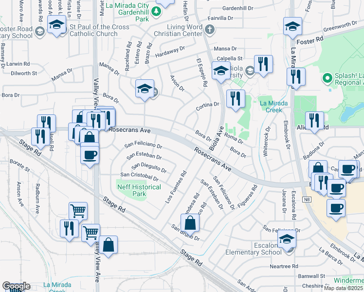 map of restaurants, bars, coffee shops, grocery stores, and more near 14540 Rosecrans Avenue in La Mirada
