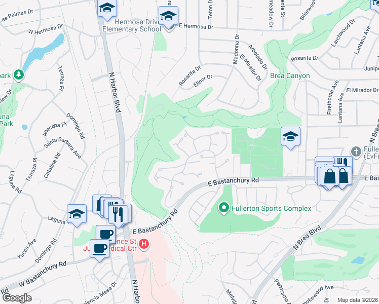 map of restaurants, bars, coffee shops, grocery stores, and more near 453 Pinehurst Court in Fullerton