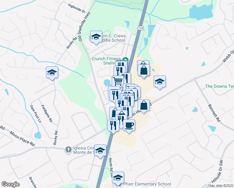 map of restaurants, bars, coffee shops, grocery stores, and more near 1225 Scenic Highway South in Lawrenceville