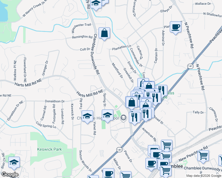 map of restaurants, bars, coffee shops, grocery stores, and more near 3781 Chamblee Dunwoody Road in Chamblee