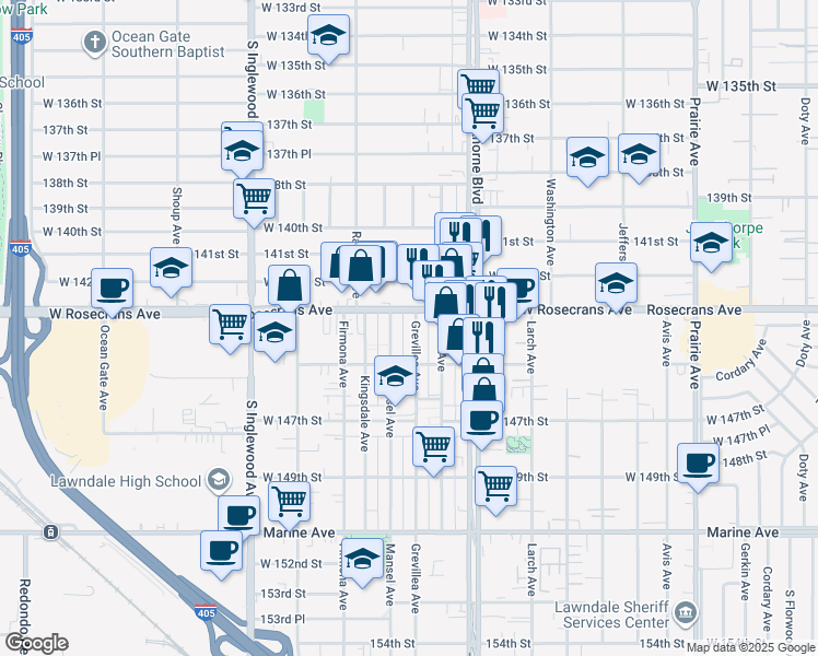 map of restaurants, bars, coffee shops, grocery stores, and more near 4470 Rosecrans Avenue in Hawthorne