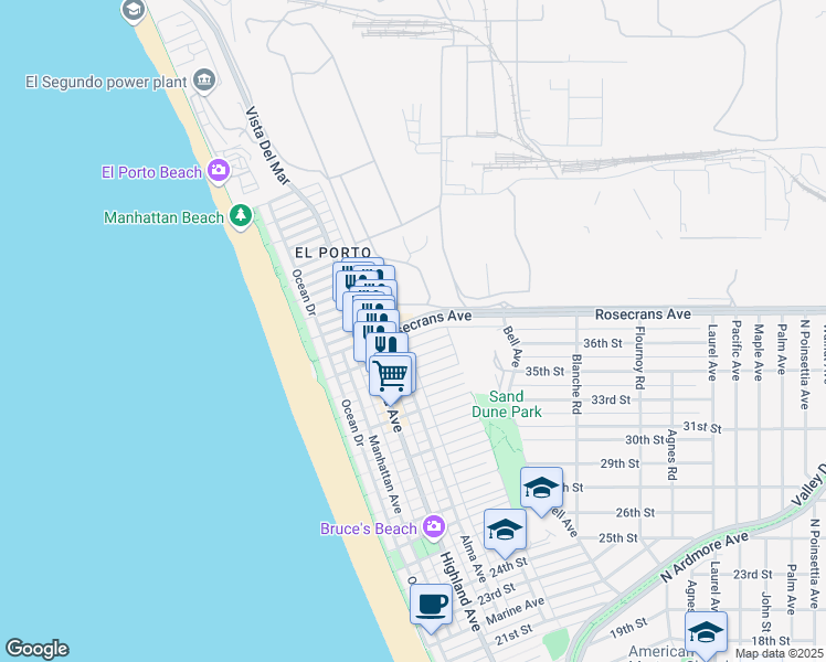 map of restaurants, bars, coffee shops, grocery stores, and more near 426 Rosecrans Avenue in Manhattan Beach