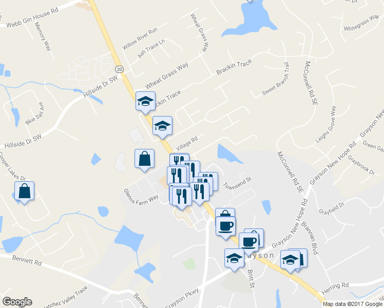 map of restaurants, bars, coffee shops, grocery stores, and more near 425 Clark Lake Estates Drive in Grayson