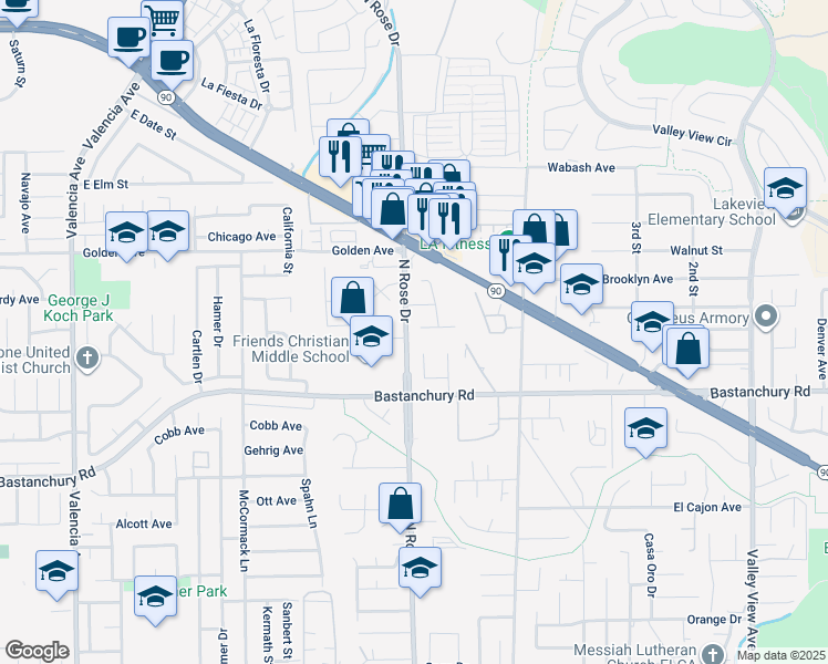 map of restaurants, bars, coffee shops, grocery stores, and more near 16772 Roxdale Drive in Yorba Linda