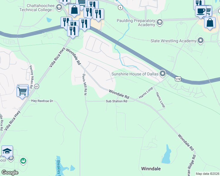 map of restaurants, bars, coffee shops, grocery stores, and more near 515 Winndale Road in Dallas