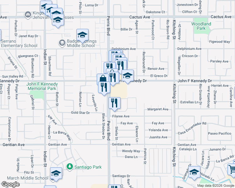 map of restaurants, bars, coffee shops, grocery stores, and more near 25105 John F Kennedy Drive in Moreno Valley