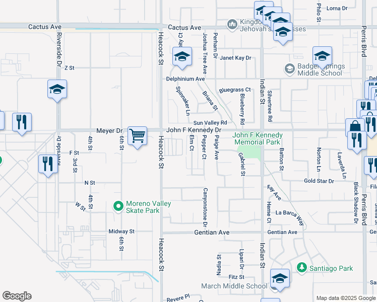 map of restaurants, bars, coffee shops, grocery stores, and more near 15040 Heacock Street in Moreno Valley
