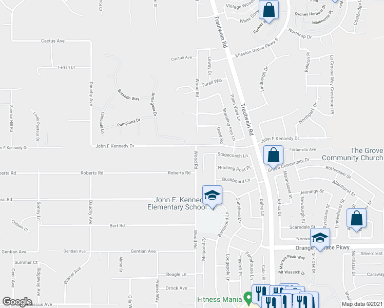 map of restaurants, bars, coffee shops, grocery stores, and more near 15031 Wood Road in Riverside