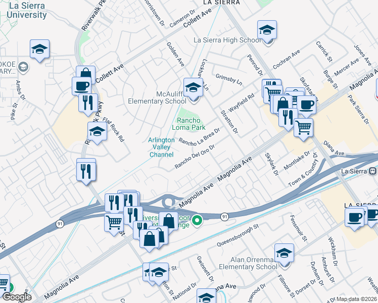 map of restaurants, bars, coffee shops, grocery stores, and more near 11414 Rancho La Brea Drive in Riverside