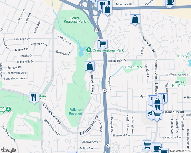 map of restaurants, bars, coffee shops, grocery stores, and more near 2790 Quail Ridge Circle in Fullerton