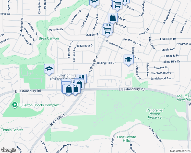 map of restaurants, bars, coffee shops, grocery stores, and more near 2800 Santiago Road in Fullerton