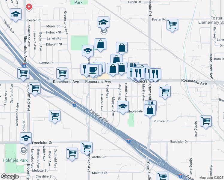 map of restaurants, bars, coffee shops, grocery stores, and more near 13133 Liggett Street in Norwalk