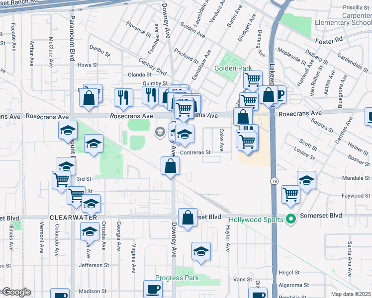 map of restaurants, bars, coffee shops, grocery stores, and more near 8535 Contreras Street in Paramount
