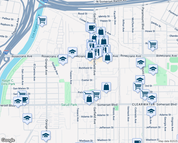 map of restaurants, bars, coffee shops, grocery stores, and more near 7332 Richfield Street in Paramount