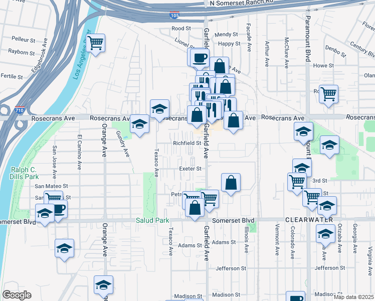 map of restaurants, bars, coffee shops, grocery stores, and more near 7332 Richfield Street in Paramount