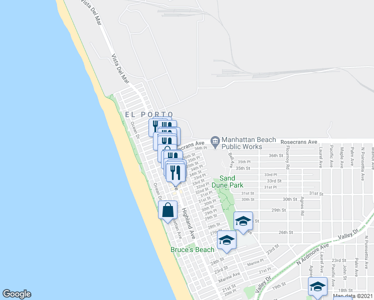 map of restaurants, bars, coffee shops, grocery stores, and more near 426 Rosecrans Avenue in Manhattan Beach