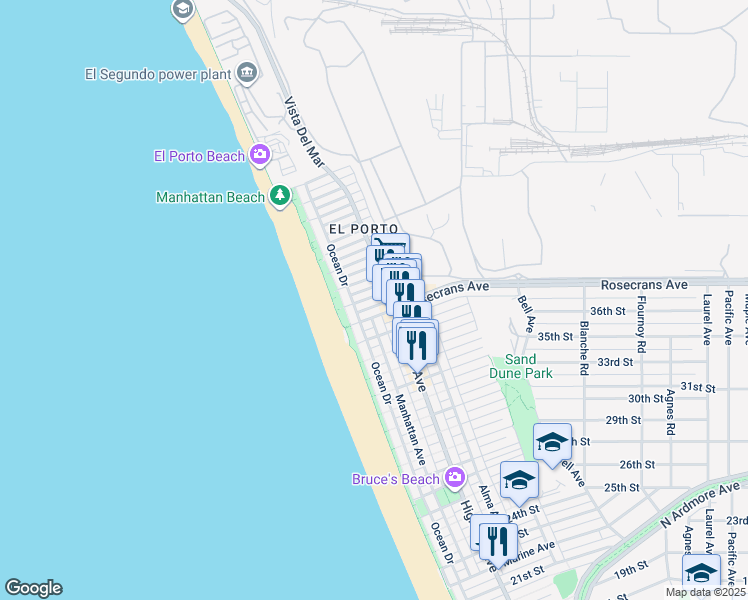 map of restaurants, bars, coffee shops, grocery stores, and more near 205 38th Street in Manhattan Beach