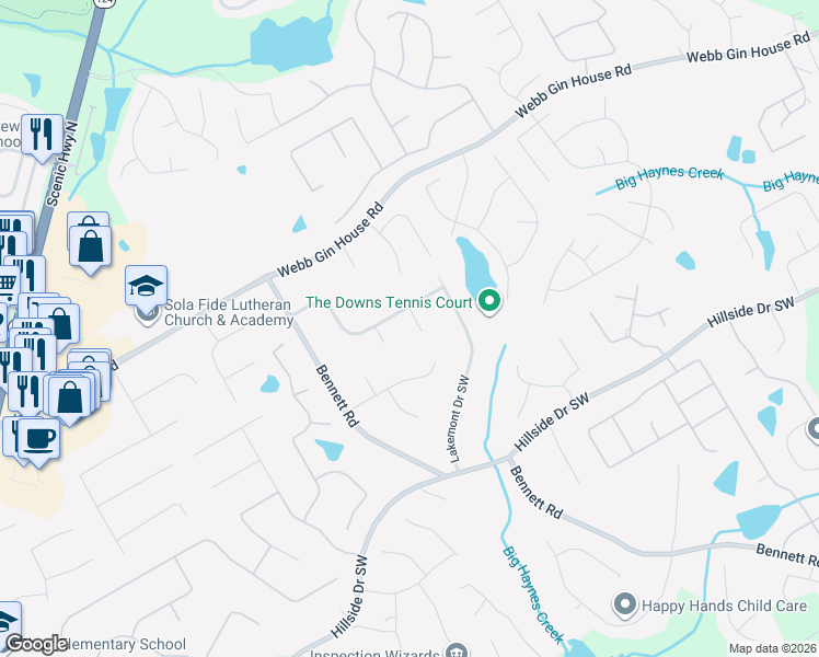 map of restaurants, bars, coffee shops, grocery stores, and more near 1437 Ironwood Court in Grayson