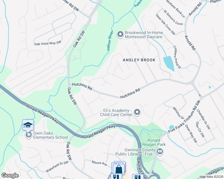map of restaurants, bars, coffee shops, grocery stores, and more near 2829 Hutchins Road in Lawrenceville
