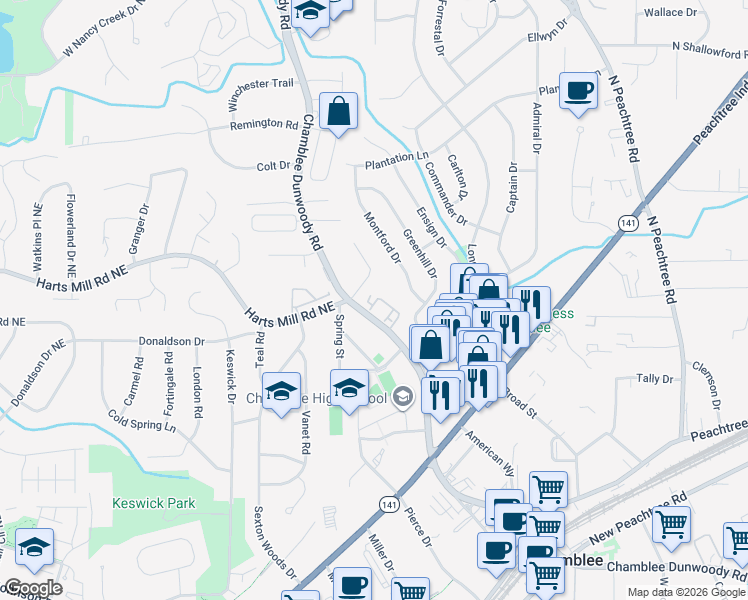 map of restaurants, bars, coffee shops, grocery stores, and more near 3781 Chamblee Dunwoody Road in Chamblee