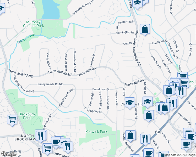 map of restaurants, bars, coffee shops, grocery stores, and more near 3736 Harts Place in Atlanta