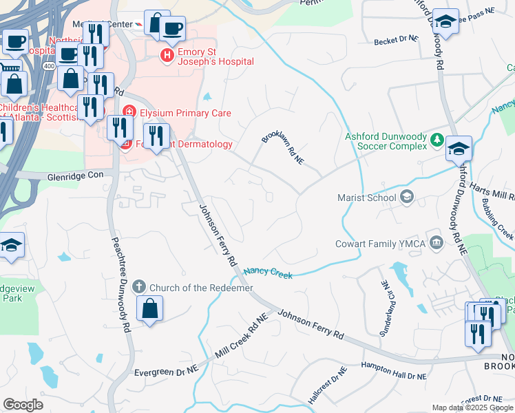 map of restaurants, bars, coffee shops, grocery stores, and more near 3687 Canyon Ridge Court Northeast in Atlanta